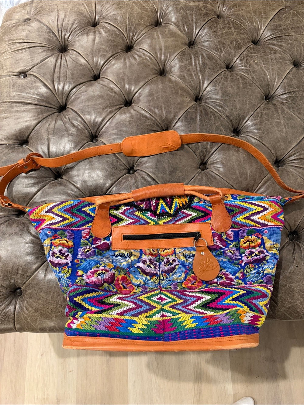 Handwoven Multicolor Tote Bag with Tan Leather Trim